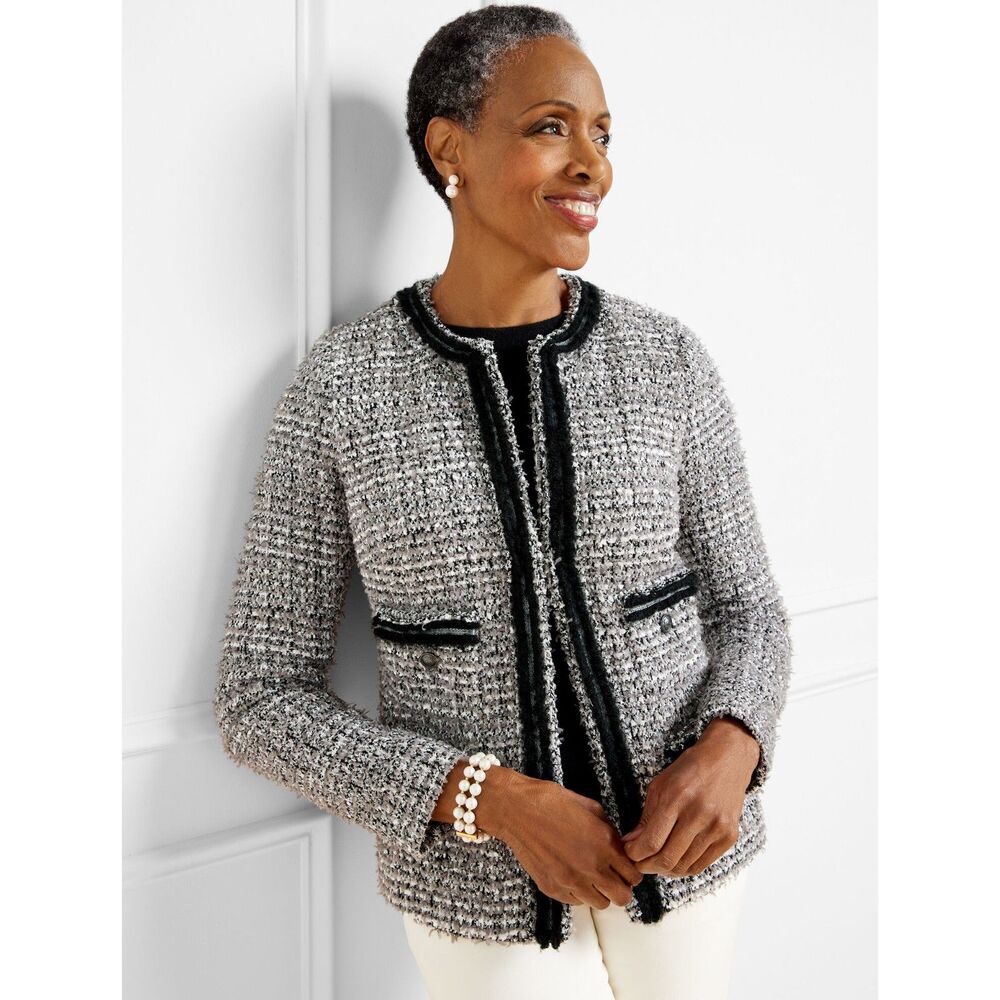 Talbots Twinkling Tweed Knit Jacket Women's 12 Black White Old Money Preppy NWT
